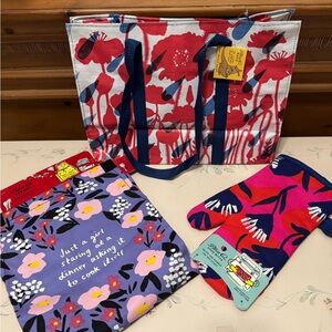 Blue Q Red and Blue Floral Tote Bag, apron, and oven mitt! All new with tags!